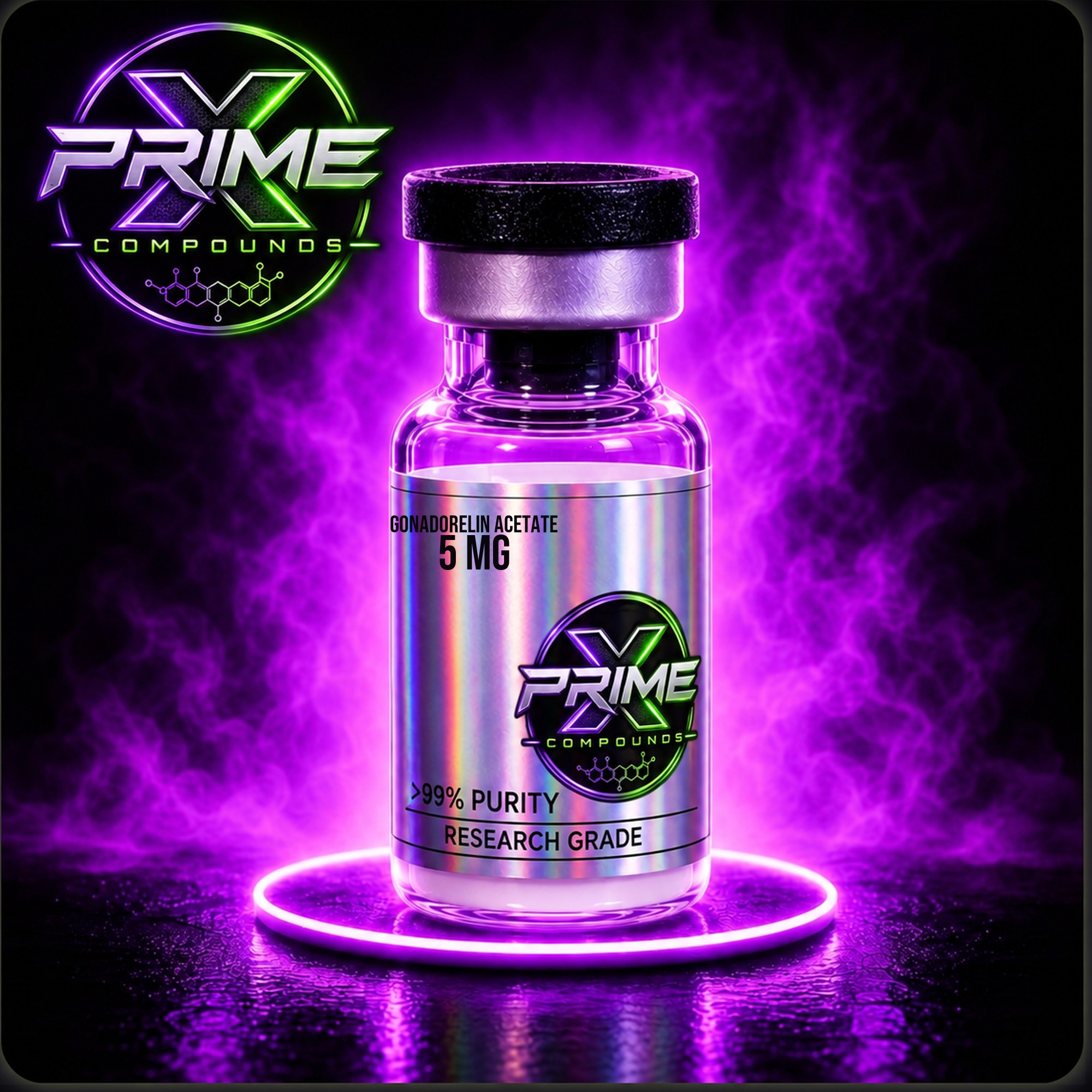 GnRH Acetate 5mg research peptide vial — lyophilized powder, ≥99% HPLC purity, third-party COA available. For research use only.