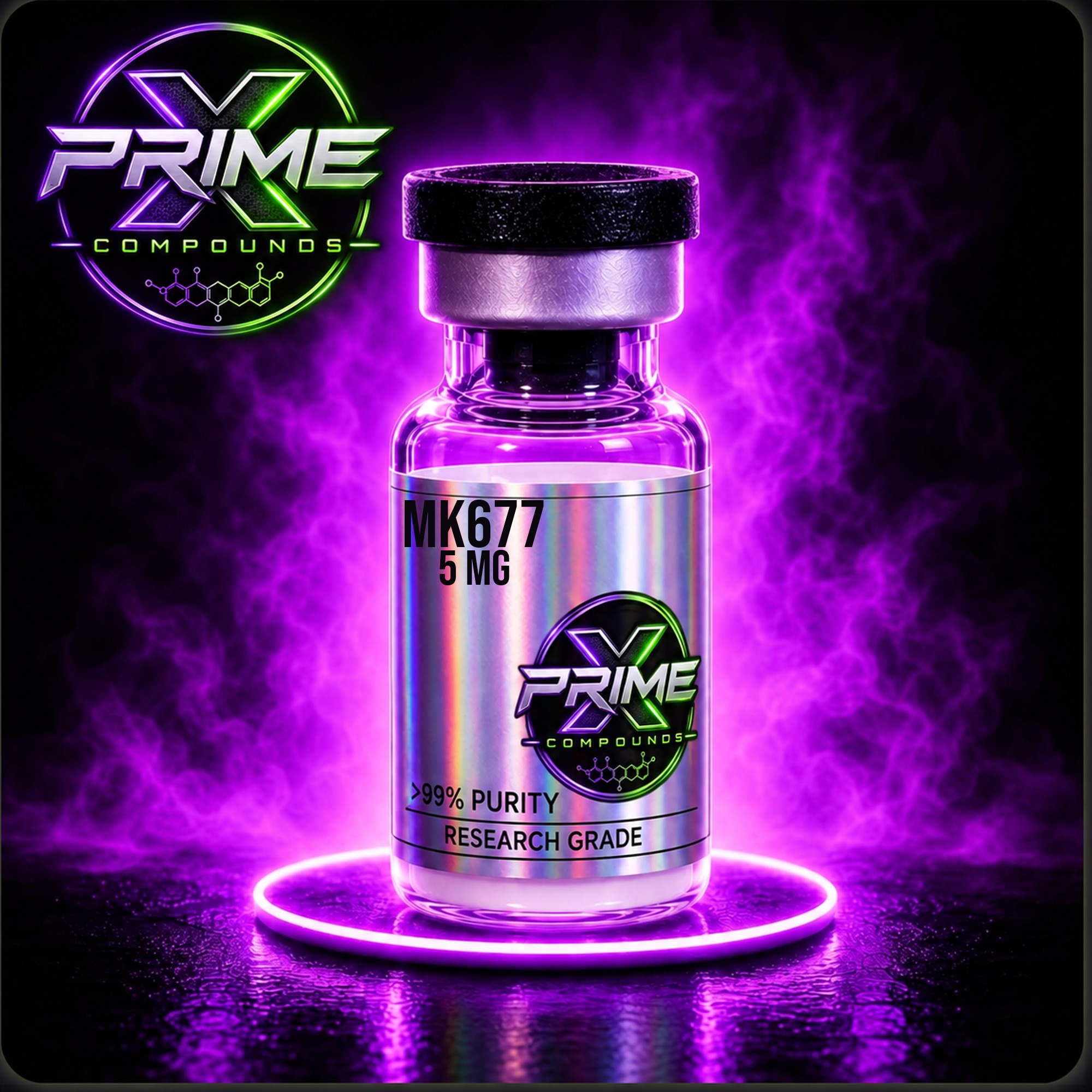 MK-677 5mg research peptide vial — lyophilized powder, ≥99% HPLC purity, third-party COA available. For research use only.