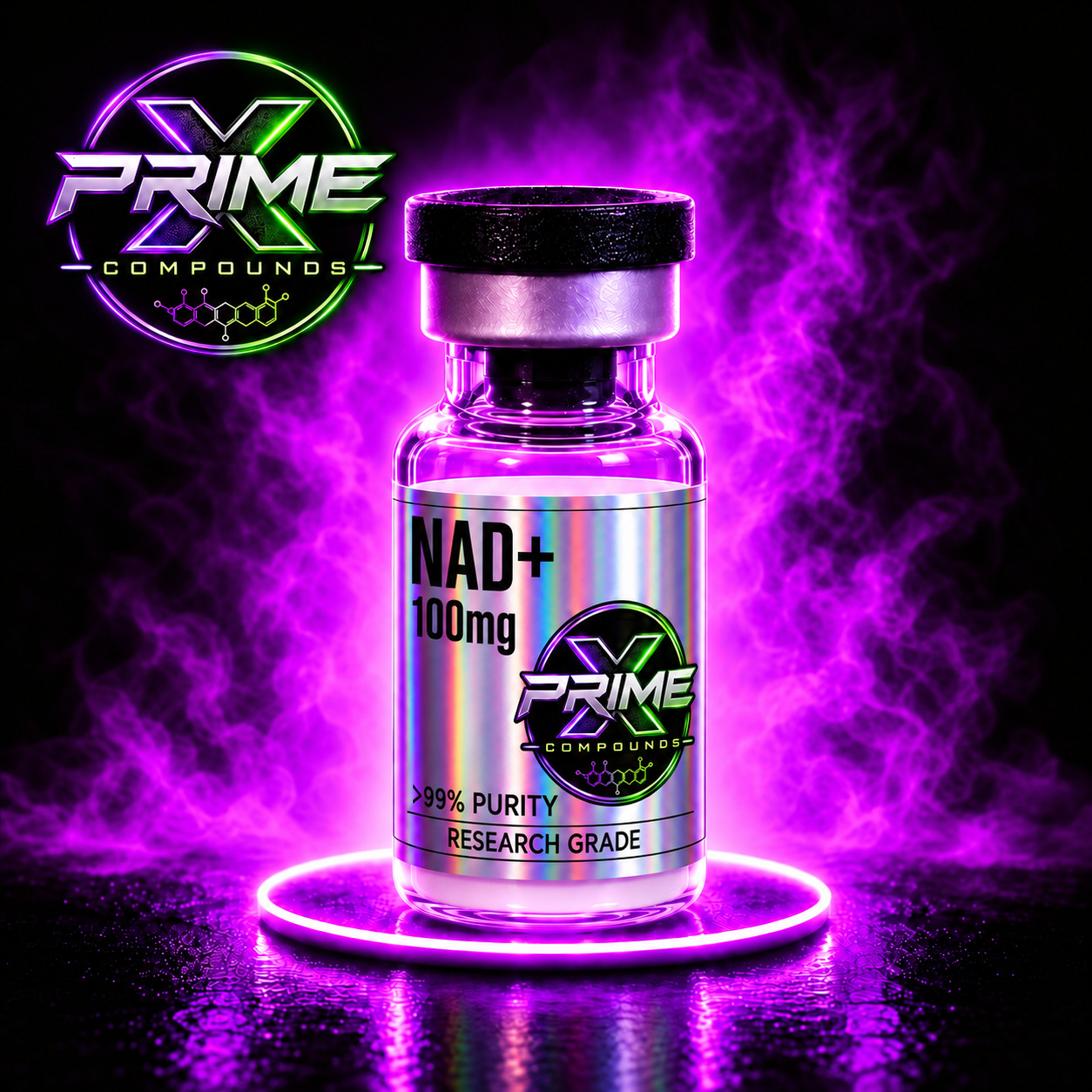 NAD+ 100mg research peptide vial — lyophilized powder, ≥99% HPLC purity, third-party COA available. For research use only.